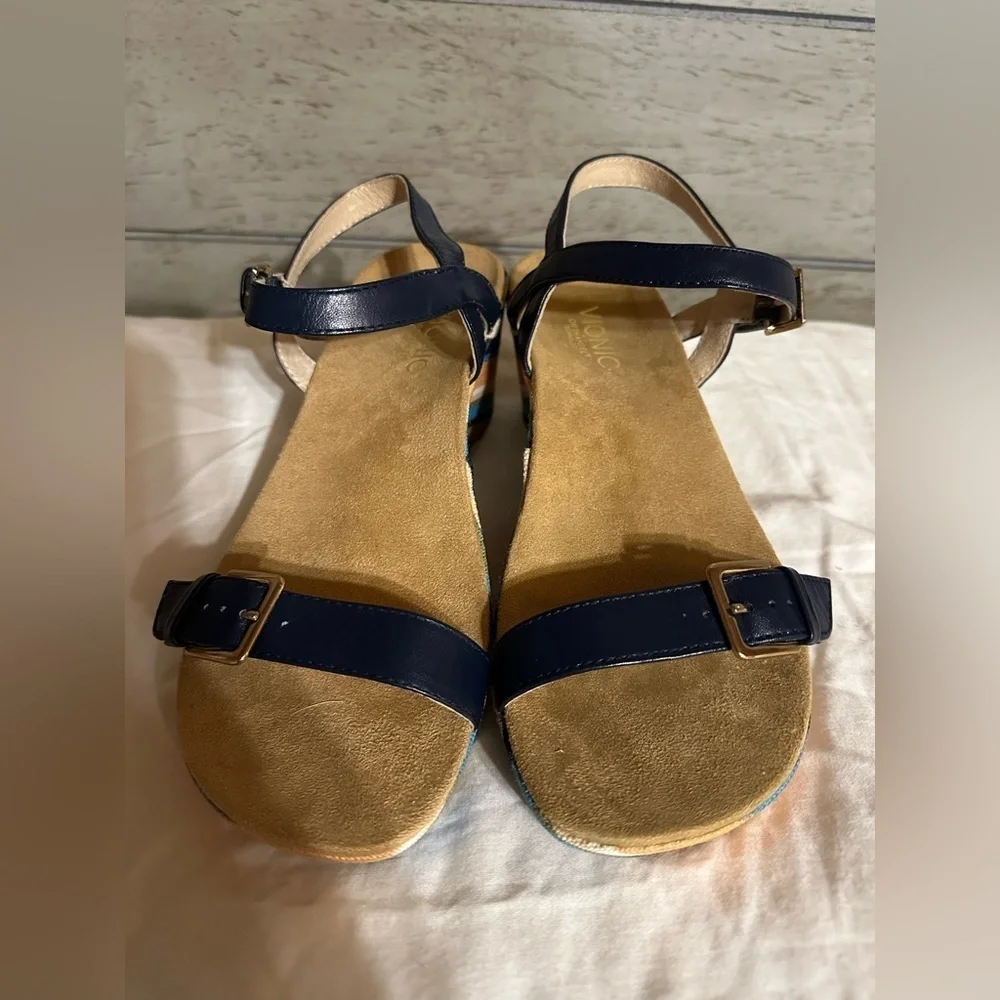 Vionic Enisa Colorful Wedge Sandals  Women’s 7 EU 38 Navy Blue Strappy Comfy NEW